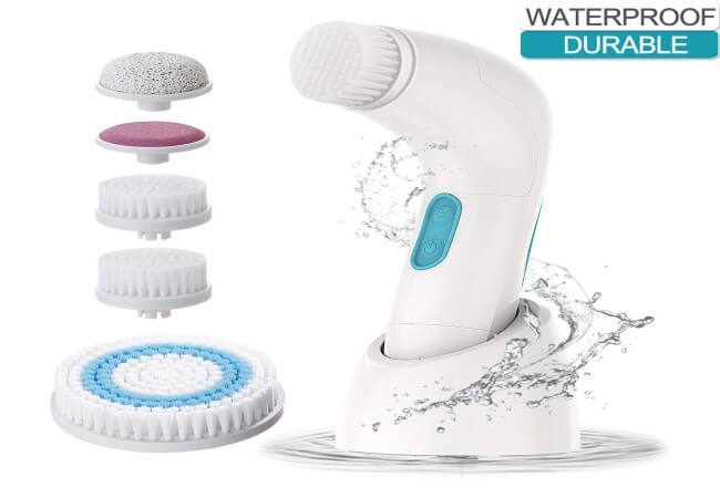 ETEREAUTY Facial Brush Waterproof Body Facial Cleansing Brush Spin Brush for Deep Cleansing, Gentle Exfoliating and Removing Blackhead with 5 Brush Heads
