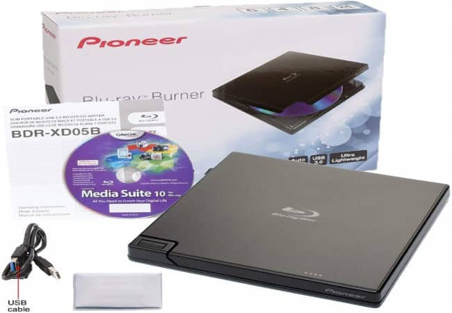 Pioneer BDR-XD05B Blu-Ray Player & Burner - 6X Slim Portable External BDXL, BD, DVD & CD Drive for Windows & Mac with 3.0 USB - Write & Read + Includes CyberLink Media Suite 10 (Black)