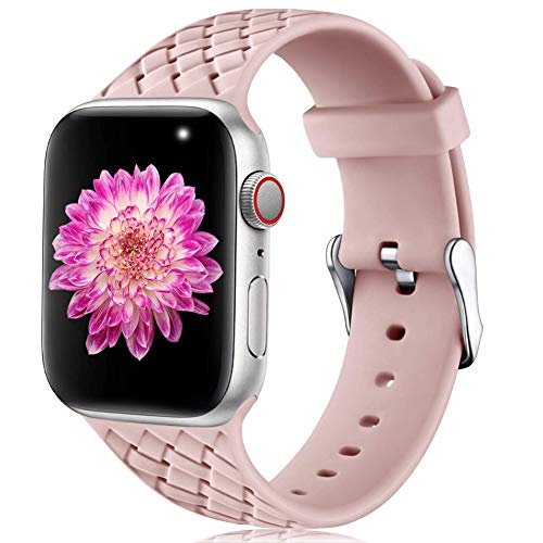 Oielai Compatible with Apple Watch Strap 38mm 40mm 42mm 44mm, Waterproof Soft Silicone Fabric Sports Replacement Straps for Iwatch Series 5 6 4 3 2 1 SE, Women Men, Small Pink Sand