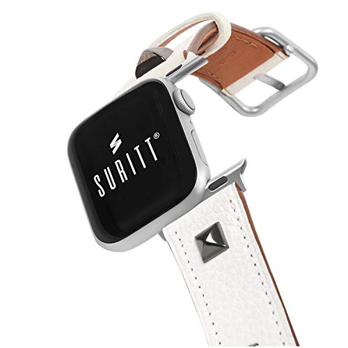 Suritt ® Apple Watch Leather Strap Oslo 3 Buckle Colors and Adapter to Choose (Black - Silver - Gold) (Series 6, SE, 5, 4, 3).  (38mm - 40mm, White / Silver)