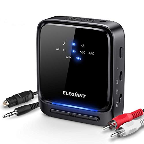 ELEGIANT Bluetooth 5.0 Transmitter, Low Latency HD Audio 2-in-1 Wireless Receiver with Optical Toslink / SPDIF for TV Portable Stereo Speaker Headphone Helmets